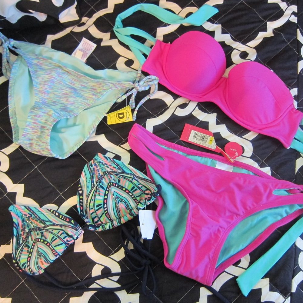 4 pc Xhilaration Junior Bikini Swimsuit separates sz S/P Turquoise Pink & Navy